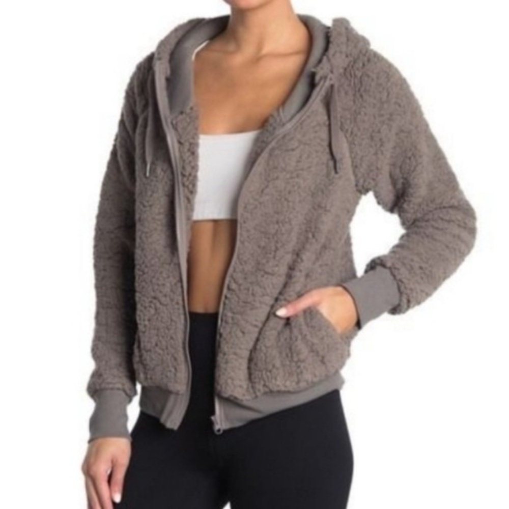 Zella Up & Over faux shearling sherpa fleece full zip hooded jacket L